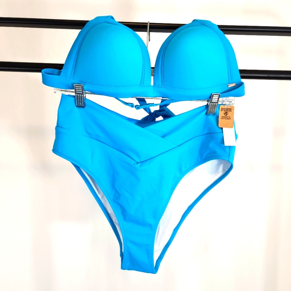 PINK Victoria Secret Bikini Swimsuit XL High Wasted Bottoms Push Up Top Blue NWT